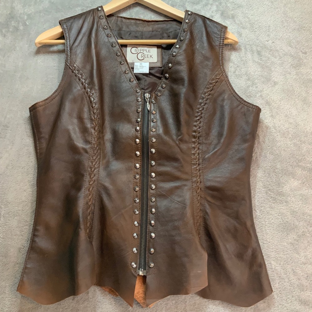 Cripple Creek Womens Brown Leather Western Vest Studded Braided Zip LL20064 M